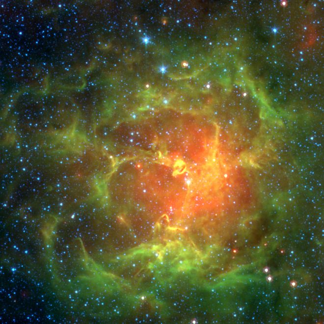 Spectacular Infrared View of the Trifid Nebula - Messier 20 (M20) Located in the Constellation Sagittarius, 5,400 Light-Years Away From Earth. Photo Credit: New Views of a Familiar Beauty, ssc2005-02, Release date: January 12, 2005, NASA's Spitzer Space Telescope (http://www.spitzer.caltech.edu); NASA/JPL-Caltech/J. Rho (SSC/Caltech), National Aeronautics and Space Administration (NASA, http://www.nasa.gov), Government of the United States of America (USA).
