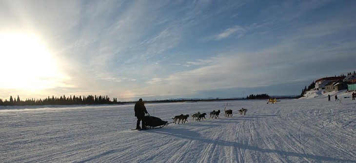 USAF Major Tom Knolmayer, M.D. arrives at an Iditarod checkpoint on March 19, 2005, 77 miles from the finish line in Nome. The musher and his team of sled dogs finished the Iditarod Trail Sled Dog Race, "The Last Great Race", on March 20, 2005, covering over 1,150 miles in 13 days 22 hours 13 minutes 25 seconds. White Mountain, State of Alaska, USA. Photo Credit: Tech. Sgt. Keith Brown, Air Force Link - Week in Photos, March 25, 2005 (http://www.af.mil/weekinphotos/050325-10.html, 050319-F-7169B-001, "Elmendorf Airman finishes Iditarod"), United States Air Force (USAF, http://www.af.mil), United States Department of Defense (DoD, http://www.DefenseLink.mil or http://www.dod.gov), Government of the United States of America (USA).