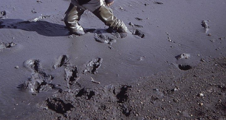 Nearly Knee-Deep In the Mud on Kalgin Island, 1967.  Cook Inlet, State of Alaska, USA. Photo Credit: C&GS Season's Report 1967-86, National Oceanic and Atmospheric Administration Photo Library (http://www.photolib.noaa.gov, theb3034), Historic C&GS Collection, NOAA Central Library, National Oceanic and Atmospheric Administration (NOAA, http://www.noaa.gov), United States Department of Commerce (http://www.commerce.gov), Government of the United States of America (USA).