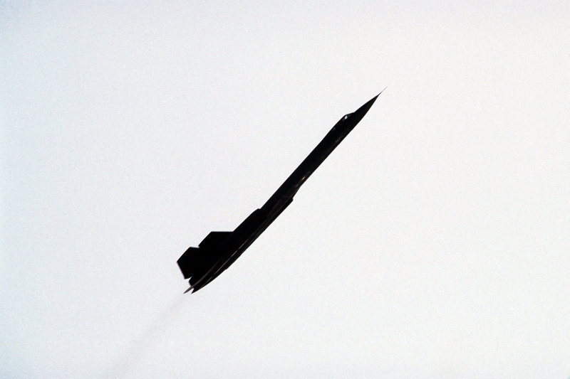 16. A U.S. Air Force SR-71 Blackbird Executes a Steep Climb During the Mildenhall Air Fete 1984 Airshow Held at Royal Air Force (RAF) Mildenhall, June 9, 1984, United Kingdom of Great Britain and Northern Ireland. Photo Credit: Tech. Sgt. Jose Lopez Jr., United States Air Force; Defense Visual Information (DVI, http://www.DefenseImagery.mil, DF-ST-85-13468) and United States Air Force (USAF, http://www.af.mil), United States Department of Defense (DoD, http://www.DefenseLink.mil or http://www.dod.gov), Government of the United States of America (USA).