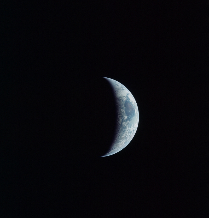 6. Earth -- Complete Darkness, Terminator, Full Daylight -- Backdropped By the Blackness of Space, July 1969, As Seen From NASA's Apollo 11 Spacecraft. Photo Credit: NASA; AS11-44-6687, Earth's terminator, Day side (Ethiopia, Indian Ocean), Night side, Earth's limb, Apollo 11 Mission; Image Science and Analysis Laboratory, NASA-Johnson Space Center. 'Astronaut Photography of Earth - Display Record.' <http://eol.jsc.nasa.gov/scripts/sseop/photo.pl?mission=AS11&roll=44&frame=6687>; National Aeronautics and Space Administration (NASA, http://www.nasa.gov), Government of the United States of America (USA).