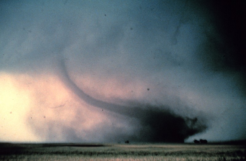 8. Even as the tornado itself is blown to the right by a gust of wind, its awesome, frightening, and destructive force -- visualized by the swirling debris -- continues. May 22, 1981, Cordell, State of Oklahoma, USA. Photo Credit: OAR/ERL/National Severe Storms Laboratory (NSSL), National Oceanic and Atmospheric Administration Photo Library (http://www.photolib.noaa.gov, nssl0056), NOAA's National Severe Storms Laboratory (NSSL) Collection, NOAA Central Library, National Oceanic and Atmospheric Administration (NOAA, http://www.noaa.gov), United States Department of Commerce (http://www.commerce.gov), Government of the United States of America (USA).