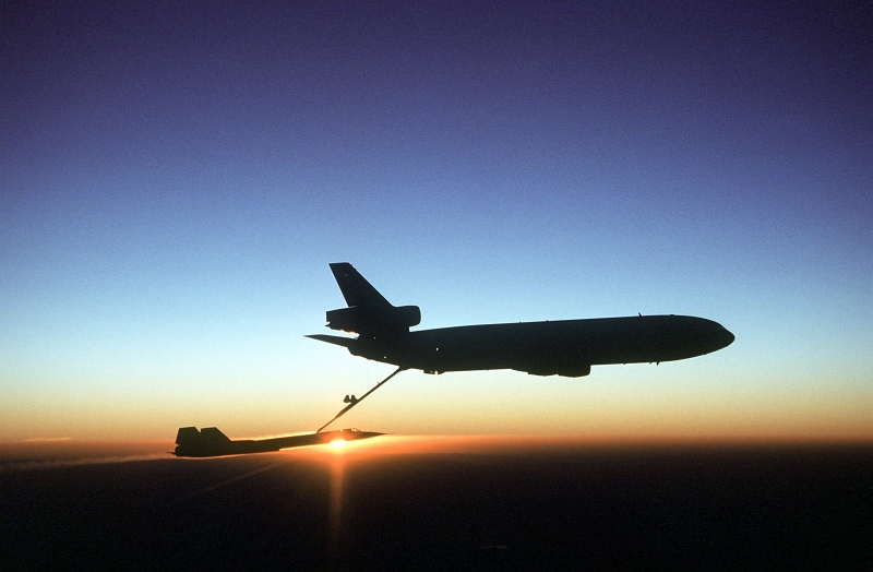 60. Another Beautiful, Golden Sunset On the Earth's Horizon as a USAF KC-10 Extender Aircraft Refuels the USAF SR-71 Blackbird Aircraft, August 2, 1981, Beale Air Force Base, State of California, USA. Photo Credit: Staff Sgt. Bill Thompson, United States Air Force (USAF, http://www.af.mil); Defense Visual Information Center (DVIC, http://www.DoDMedia.osd.mil, DFST8303356) and United States Air Force (USAF, http://www.af.mil), United States Department of Defense (DoD, http://www.DefenseLink.mil or http://www.dod.gov), Government of the United States of America (USA).