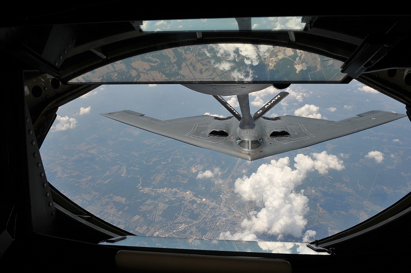 55. A KC-135 Stratotanker (22nd Air Refueling Wing) Refuels A U.S. Air Force B-2 Spirit Stealth Bomber (509th Bomb Wing, Whiteman Air Force Base, Missouri), July 12, 2012. Photo Credit: Airman 1st Class Maurice A. Hodges, United States Air Force; 120712-F-TS228-083; United States Air Force (USAF, http://www.af.mil), United States Department of Defense (DoD, http://www.DefenseLink.mil or http://www.dod.gov), Government of the United States of America (USA).