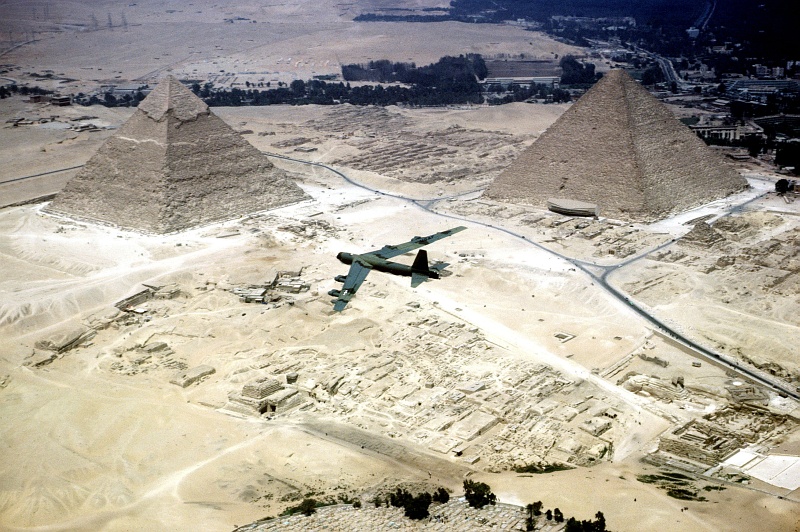 3. Another Aerial View of The Great Pyramids and a United States Air Force (USAF) B-52 Stratofortress, September 10, 1983, Jumhuriyat Misr al-Arabiyah - Arab Republic of Egypt. Photo Credit: Joint Service Audiovisual Team; United States Air Force (USAF, http://www.af.mil); Defense Visual Information Center (DVIC, http://www.DoDMedia.osd.mil, DF-ST-84-05994), United States Department of Defense (DoD, http://www.DefenseLink.mil or http://www.dod.gov), Government of the United States of America (USA).