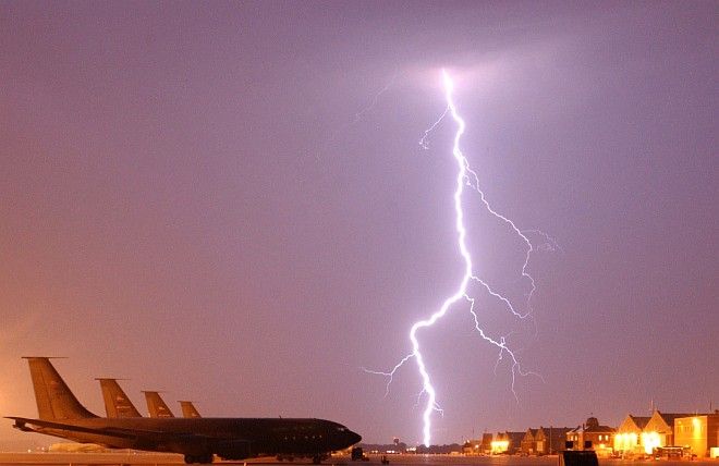 Lightning strikes on the far side of a row of KC-135 Stratotankers assigned to the 927th Air Refueling Wing at Selfridge Air National Guard Base, State of Michigan, USA. Photo Credit: Tech Sgt. Scott Laforest, Air Force Link - Photos (http://www.af.mil/photos, 040802-F-8491L-017, "Lightning crashes"), United States Air Force (USAF, http://www.af.mil), United States Department of Defense (DoD, http://www.DefenseLink.mil or http://www.dod.gov), Government of the United States of America (USA).