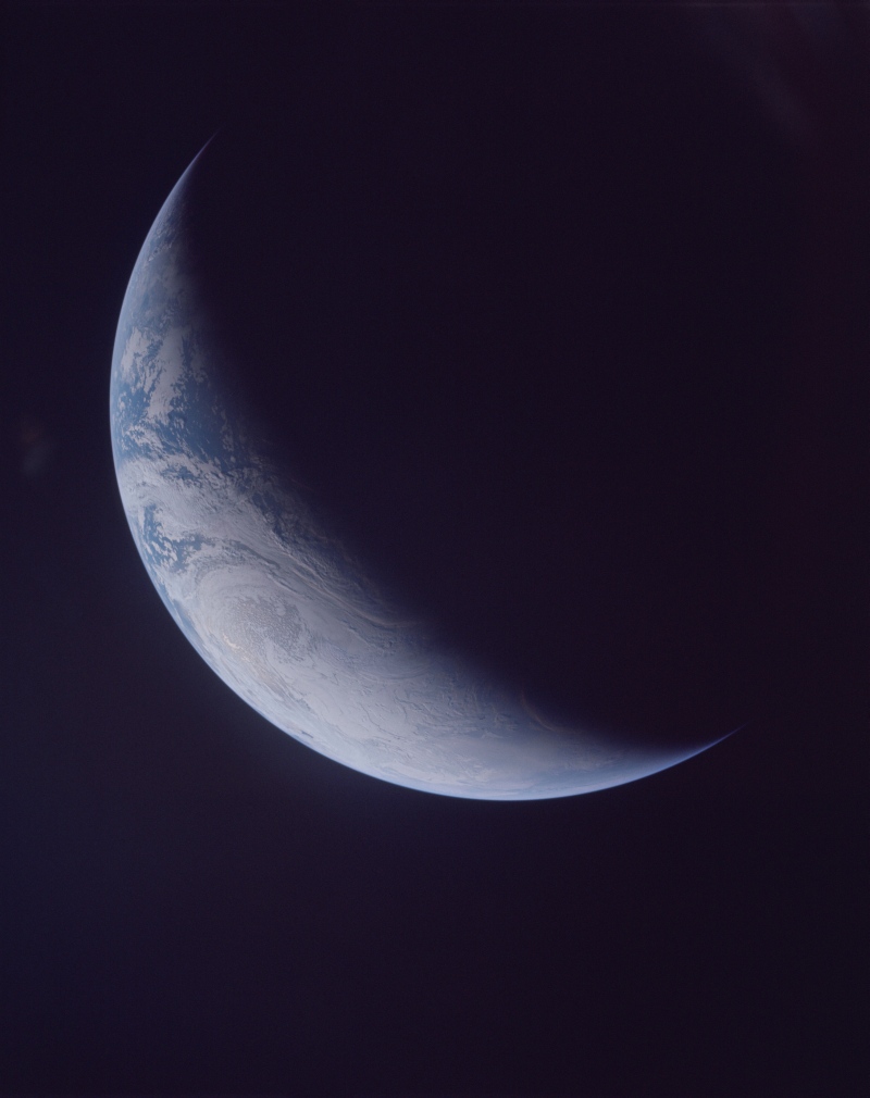 16. Beautiful Crescent Earth, November 9, 1967, As Seen By NASA's Unmanned Apollo 4 (20) Mission (Spacecraft 017/Saturn-V AS-501). Photo Credit: NASA Apollo IV Mission: Unmanned Apollo 4 (Spacecraft 017/Saturn 501); AS04-1-500, Crescent Earth; Image Science and Analysis Laboratory, NASA-Johnson Space Center. 'Astronaut Photography of Earth - Display Record.' <http://eol.jsc.nasa.gov/scripts/sseop/photo.pl?mission=AS04&roll=1&frame=500>; National Aeronautics and Space Administration (NASA, http://www.nasa.gov), Government of the United States of America (USA).