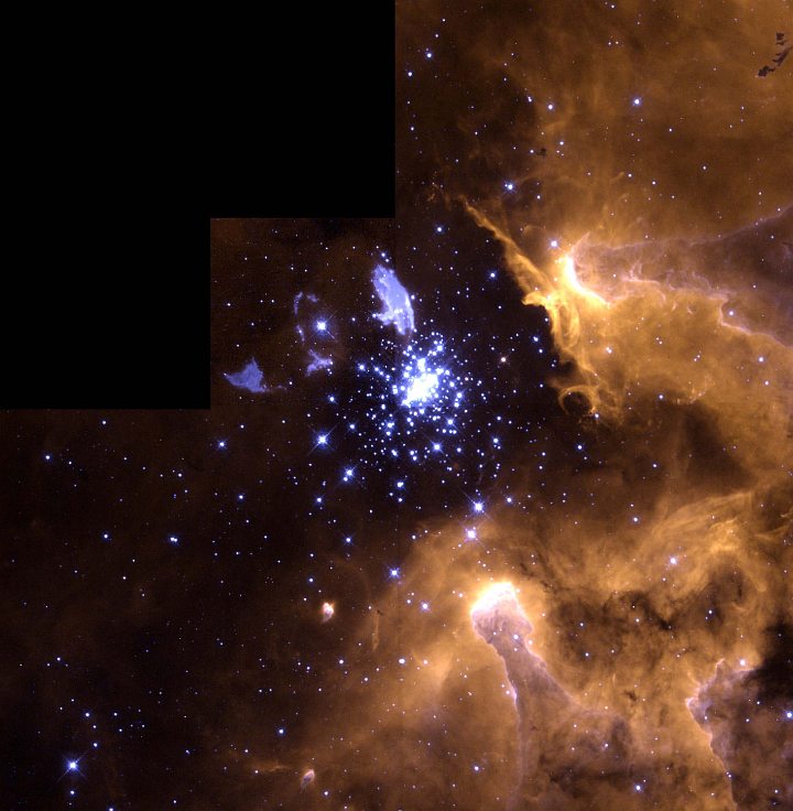 Stunning, True-Color View of Various Celestial Objects Within the Giant Galactic Nebula NGC 3603: Blue Supergiant Sher 25 With a Glowing Circumstellar Ring, Starburst Cluster of Wolf-Rayet Stars and O-Type Stars, Enormous Gaseous Cloud Pillars, Bok Globules and Protoplanetary Disks Photo Credit: Hubble Snapshot Captures Life Cycle of Stars, March 5, 1999 (Release date: June 1, 1999), STScI-1999-20, NASA's Earth-orbiting Hubble Space Telescope (http://HubbleSite.org); Wolfgang Brandner (JPL/IPAC), Eva K. Grebel (University of Washington), You-Hua Chu (University of Illinois at Urbana-Champaign), National Aeronautics and Space Administration (NASA, http://www.nasa.gov), Government of the United States of America (USA).