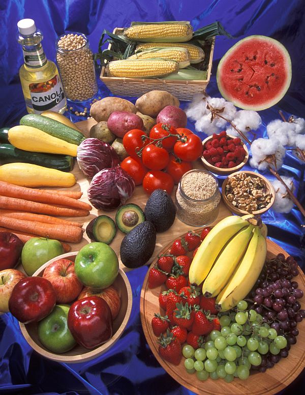 Included on This Table Full of Good Food Are: Avocados, Apples, Bananas, Carrots, Corn on the Cob, Grapes, Nuts, Potatoes, Rice, Strawberries, Tomatoes, Watermelon. Photo Credit: Stephen Ausmus (http://www.ars.usda.gov/is/graphics/photos, K11432-1), Agricultural Research Service (ARS, http://www.ars.usda.gov), United States Department of Agriculture (USDA, http://www.usda.gov), Government of the United States of America (USA).