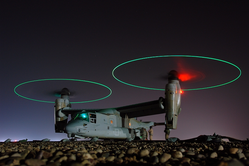 3. Refueling the United States Marine Corps MV-22 Osprey Tiltrotor Aircraft at Night, February 2, 2008, Al Jumhuriyah al Iraqiyah - Republic of Iraq. Photo Credit: Chief Mass Communication Specialist Joe Kane, Navy NewsStand - Eye on the Fleet Photo Gallery (http://www.news.navy.mil/view_photos.asp, 080202-N-9643K-008), United States Navy (USN, http://www.navy.mil), United States Department of Defense (DoD, http://www.DefenseLink.mil or http://www.dod.gov), Government of the United States of America (USA).