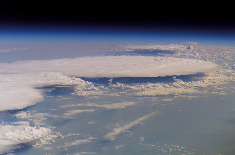 2. A Scenic and Very Impressive View of Huge Clouds Over Earth on August 20, 2007 at 22:17:35.634 GMT, As Seen From the International Space Station (Expedition 15): Latitude (LAT): 51.3, Longitude (LON): -94.1, Altitude (ALT): 184 Nautical Miles (nm), Sun Azimuth (AZI): 253 degrees, Sun Elevation Angle (ELEV): 29 degrees. Photo Credit: ISS015-E-23716, International Space Station (Expedition Fifteen); Image Science and Analysis Laboratory, NASA-Johnson Space Center. 'Astronaut Photography of Earth - Display Record.' <http://eol.jsc.nasa.gov/scripts/sseop/photo.pl?mission=ISS015&roll=E&frame=23716>; National Aeronautics and Space Administration (NASA, http://www.nasa.gov), Government of the United States of America (USA). See also ISS015-E-23712 <http://eol.jsc.nasa.gov/scripts/sseop/photo.pl?mission=ISS015&roll=E&frame=23712>, ISS015-E-23713 <http://eol.jsc.nasa.gov/scripts/sseop/photo.pl?mission=ISS015&roll=E&frame=23713>, ISS015-E-23714 <http://eol.jsc.nasa.gov/scripts/sseop/photo.pl?mission=ISS015&roll=E&frame=23714>, ISS015-E-23715 <http://eol.jsc.nasa.gov/scripts/sseop/photo.pl?mission=ISS015&roll=E&frame=23715>.