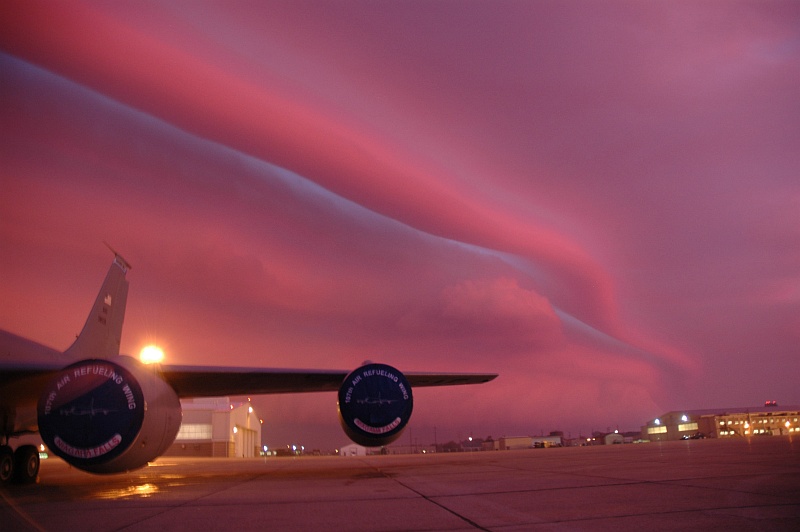 1. Beautiful and Impressive View of a Storm Front, With Clouds -- One Shaped Like a Long Tube-Ribbon -- and the Sky Painted and Bathed in a Wonderful Combination of Shades of Pink-Purple Colors, October 4, 2006, Niagara Falls Air Reserve Station (Niagara Falls Air Base), State of New York, USA. Photo Credit: Senior Master Sgt. Ray Lloyd, United States Air Force (USAF, http://www.af.mil); DefenseLINK Multimedia Gallery - Images (http://www.DefenseLink.mil/multimedia/, 061004-F-0996L-041), United States Department of Defense (DoD, http://www.DefenseLink.mil or http://www.dod.gov), Government of the United States of America (USA).