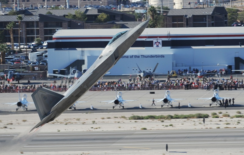 32. A U.S. Air Force F-22A Raptor Stealth Fighter Jet Performs A Steep, Maximum Climb Takeoff at Aviation Nation 2010, November 12, 2010, Nellis Air Force Base, State of Nevada, USA. Photo Credit: Master Sgt. Kevin J. Gruenwald, United States Air Force; Air Force Link - Photos (http://www.af.mil/photos, 101112-F-6911G-011, "Nellis Aviation Nation 2010"), United States Air Force (USAF, http://www.af.mil), United States Department of Defense (DoD, http://www.DefenseLink.mil or http://www.dod.gov), Government of the United States of America (USA).