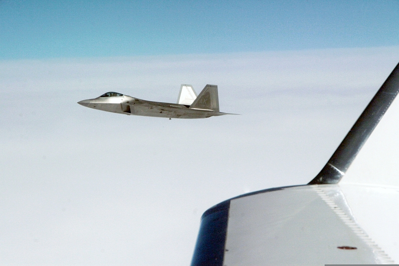 27. Joint NORAD-Russian Federation Exercise VIGILANT EAGLE: High Above the Pacific Ocean, a U.S. Air Force F-22A Raptor Stealth Fighter Jet Intercepts and Escorts a Gulfstream IV (Gulfstream 4 or Gulfstream G-400) Jet (Code-named "Fencing 1220") During the International Hijacking Senario, August 9, 2010. Photo Credit: Major Michael S. Humphreys, United States Army; North American Aerospace Defense Command (NORAD, http://www.norad.mil, 100809-A-6937H-040), United States Department of Defense (DoD, http://www.DefenseLink.mil or http://www.dod.gov), Government of the United States of America (USA).
