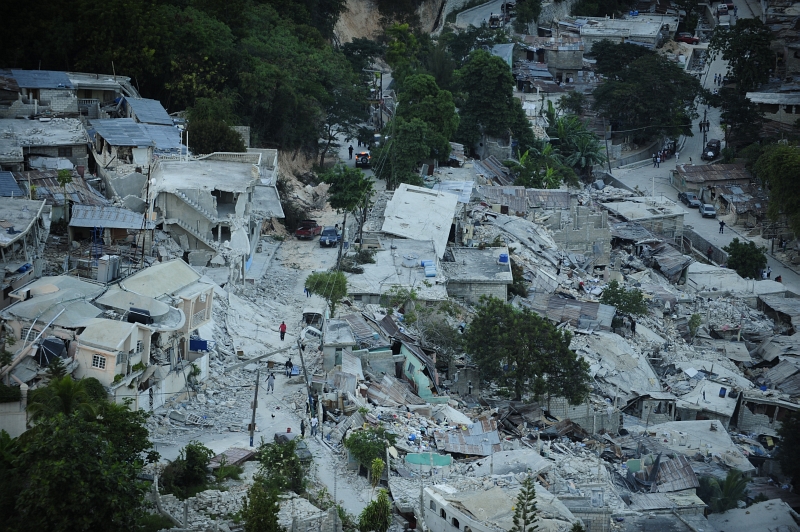 30. Homes Completely Destroyed, January 15, 2010, Port-au-Prince, Republique d'Haiti (Repiblik d' Ayiti) - Republic of Haiti. Photo Credit: Technical Sgt. (TSgt) James L. Harper Jr., United States Air Force; Defense Visual Information (DVI, http://www.DefenseImagery.mil, 100115-F-4177H-224) and United States Air Force (USAF, http://www.af.mil), United States Department of Defense (DoD, http://www.DefenseLink.mil or http://www.dod.gov), Government of the United States of America (USA).