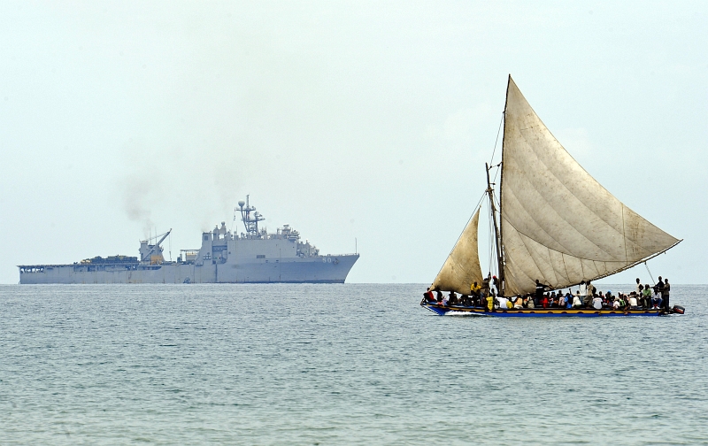 35. Earthquake Survivors In A Sailboat Sailing Off Bonel, Republique d'Haiti (Repiblik d' Ayiti) - Republic of Haiti, January 19, 2010. Photo Credit: Technical Sgt. (TSgt) Dennis J. Henry Jr., United States Air Force; Defense Visual Information (DVI, http://www.DefenseImagery.mil, 100119-F-3715H-248) and United States Air Force (USAF, http://www.af.mil), United States Department of Defense (DoD, http://www.DefenseLink.mil or http://www.dod.gov), Government of the United States of America (USA).