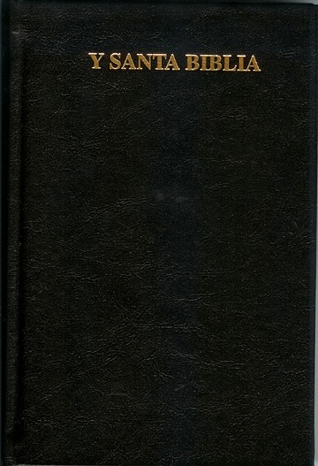 Front cover of the October 2005 Steffy printing of Y Santa Biblia, Chamorro Edition. The cover is black. Printed on the front cover in gold letters are the words, Y SANTA BIBLIA. The photo is from the Robert Joseph and Rlene Santos Steffy press release of November 11, 2005 announcing the print version of "Y Santa Biblia, Palabran Jesucristo Sija Gui Tinige Agaga, Chamorro". Image credit: Rlene Santos Steffy.