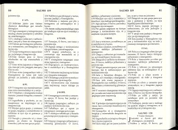 Y Santa Biblia, Chamorro Edition (October 2005 Steffy printing) open to Salmo 119 and Salmo 120. The camera-ready electronic text was and is independently prepared and maintained. The camera-ready electronic text is provided by and courtesy of ChamorroBible.org. The photo is from the Robert Joseph and Rlene Santos Steffy press release of November 11, 2005 announcing the print version of "Y Santa Biblia, Palabran Jesucristo Sija Gui Tinige Agaga, Chamorro". Image credit: Rlene Santos Steffy.